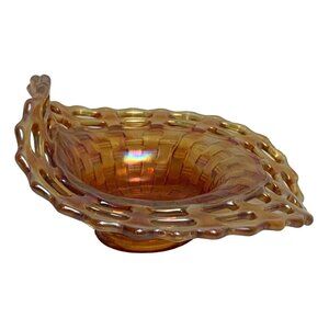 Vintage Fenton Marigold Carnival Glass Bowl Iridescent Lattice Edge Basket Weave